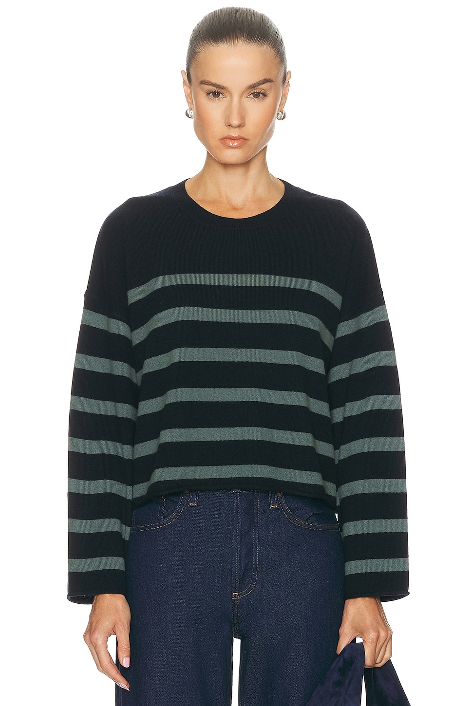 Image 1 of LESET Zoe Breton Stripe Crewneck Sweater in Midnight & Eucalyptus Stripe
