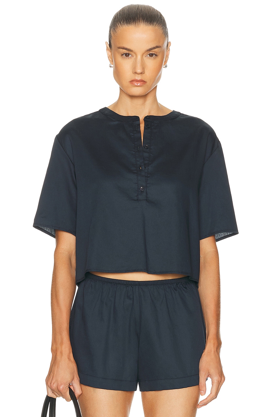Yoko Short Sleeve Henley Top in Navy