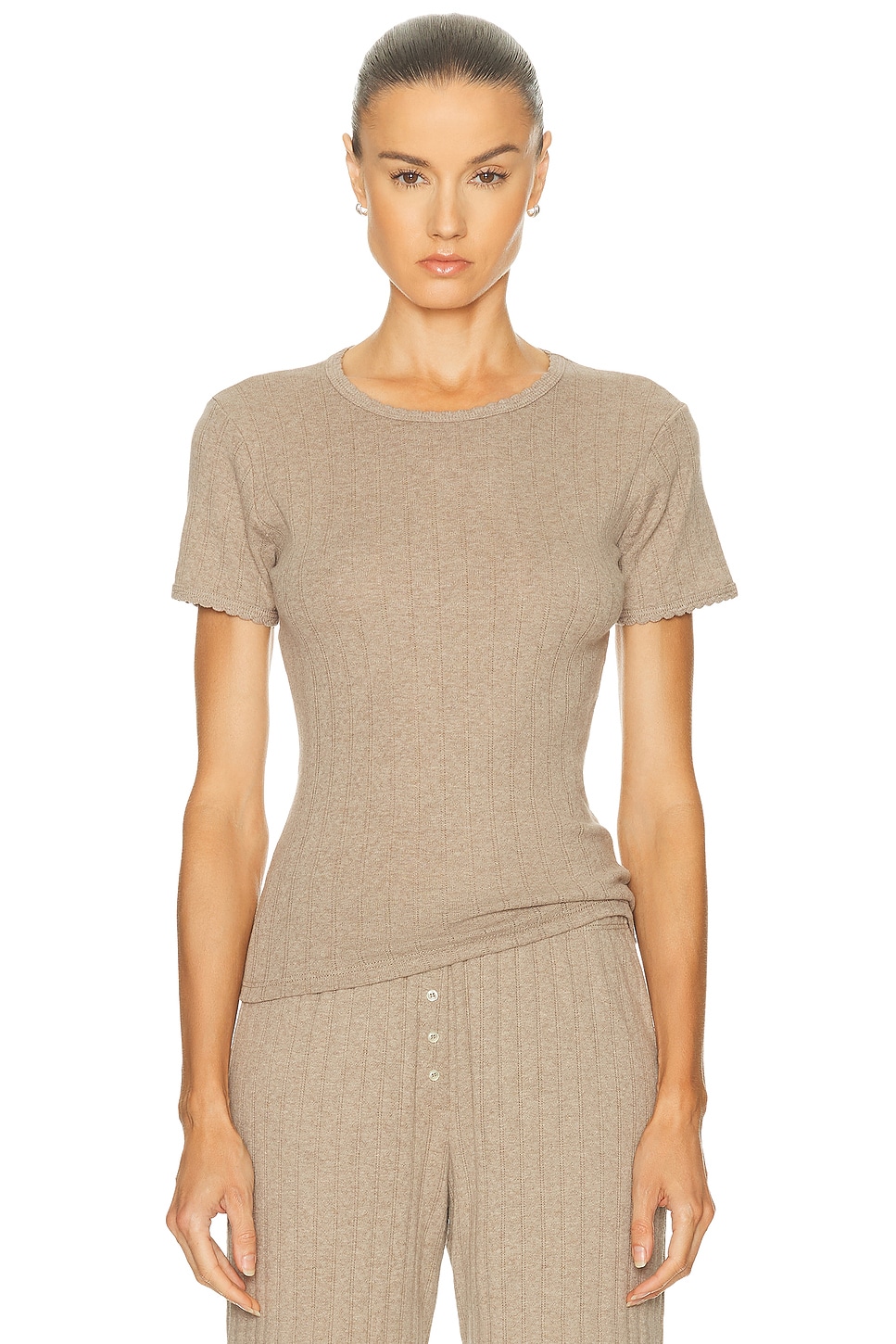 Leset Pointelle Slim Fit Tee In Brown