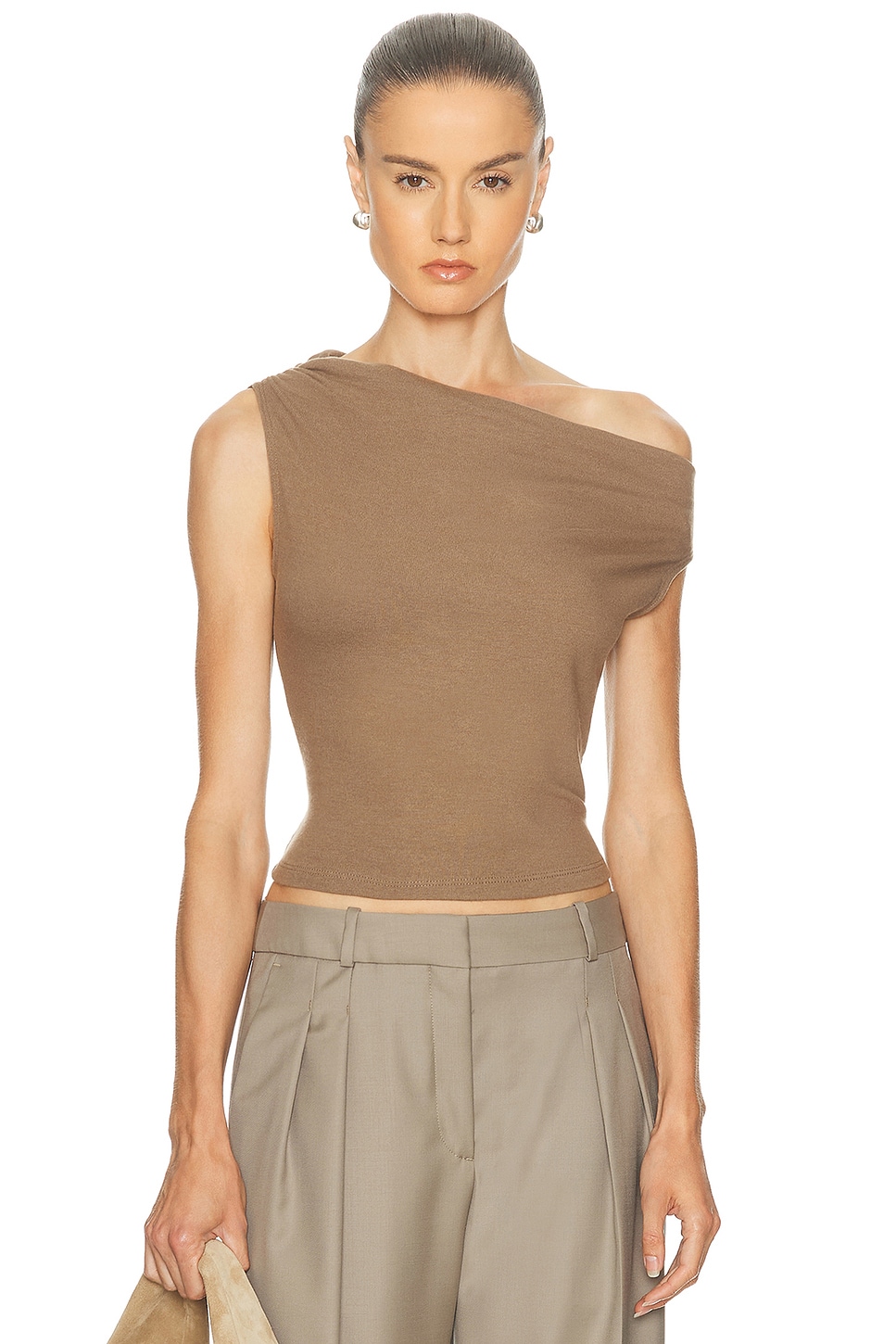 Image 1 of LESET Lauren Ruched Asymmetrical Shoulder Top in Walnut