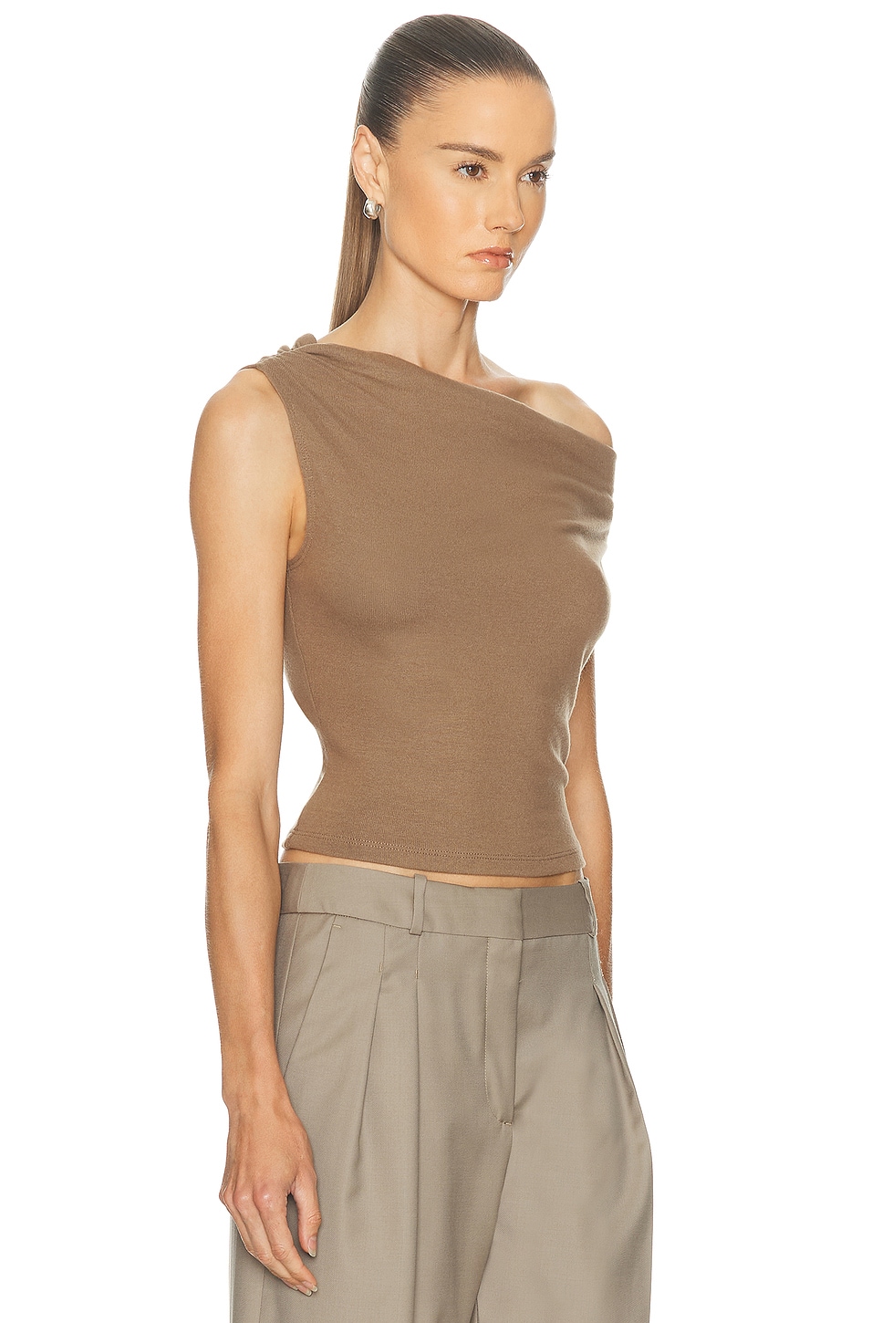 Leset Lauren Ruched Asymmetrical Shoulder Top In Brown