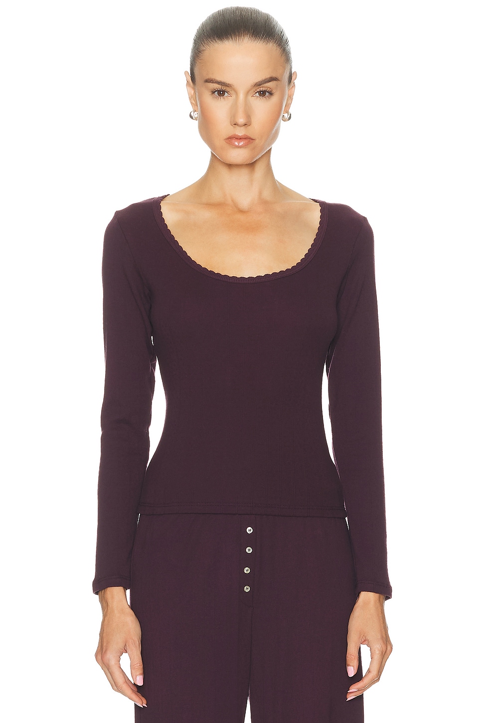 Image 1 of LESET Pointelle Long Sleeve Scoop Neck Top in Dark Berry