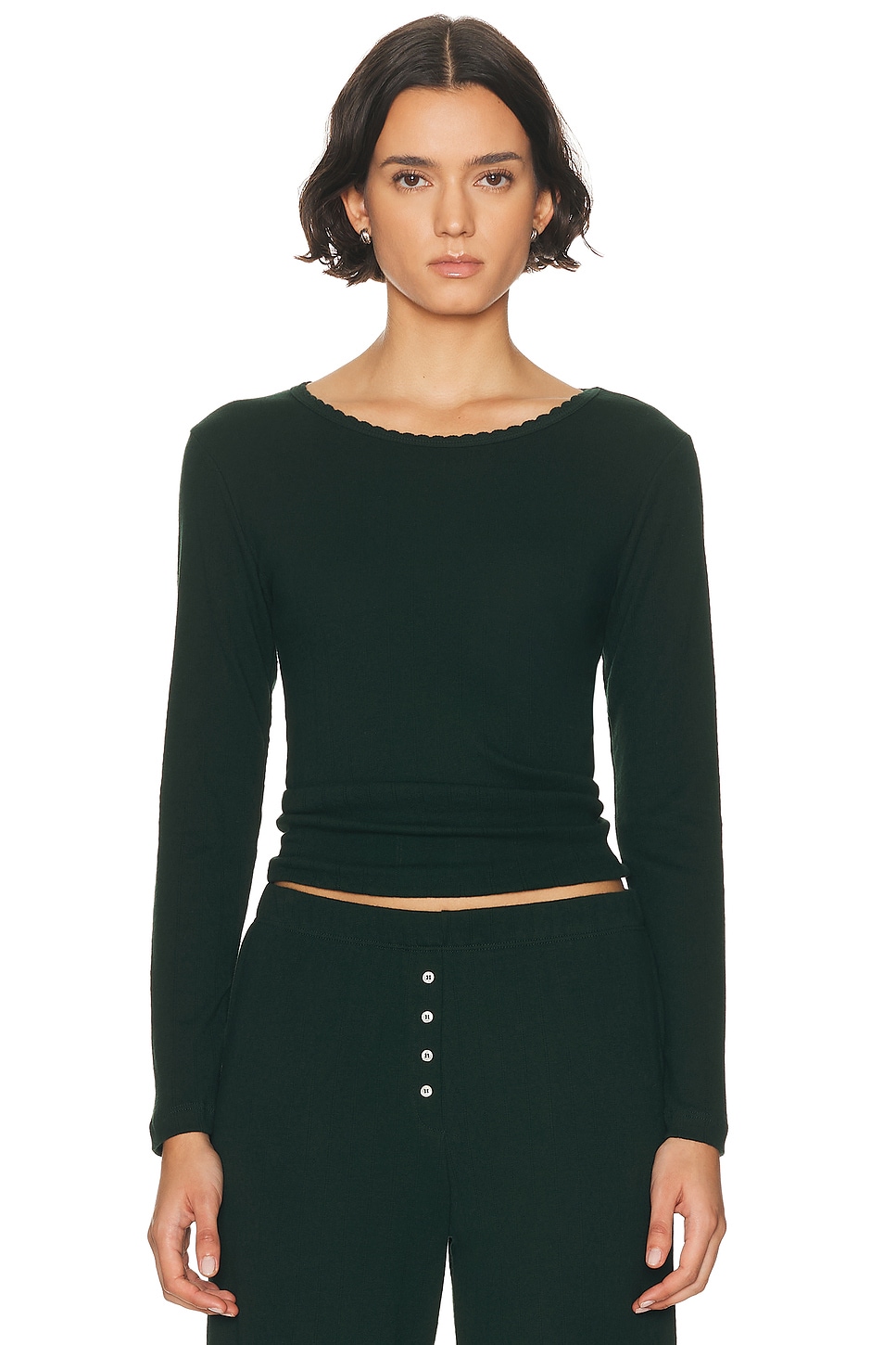 Image 1 of LESET Pointelle Slim Fit Long Sleeve Top in Forest