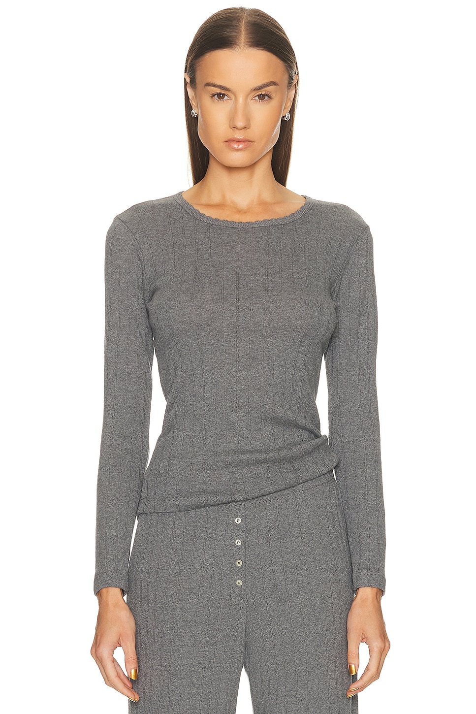 Image 1 of LESET Pointelle Slim Fit Long Sleeve Top in Granite