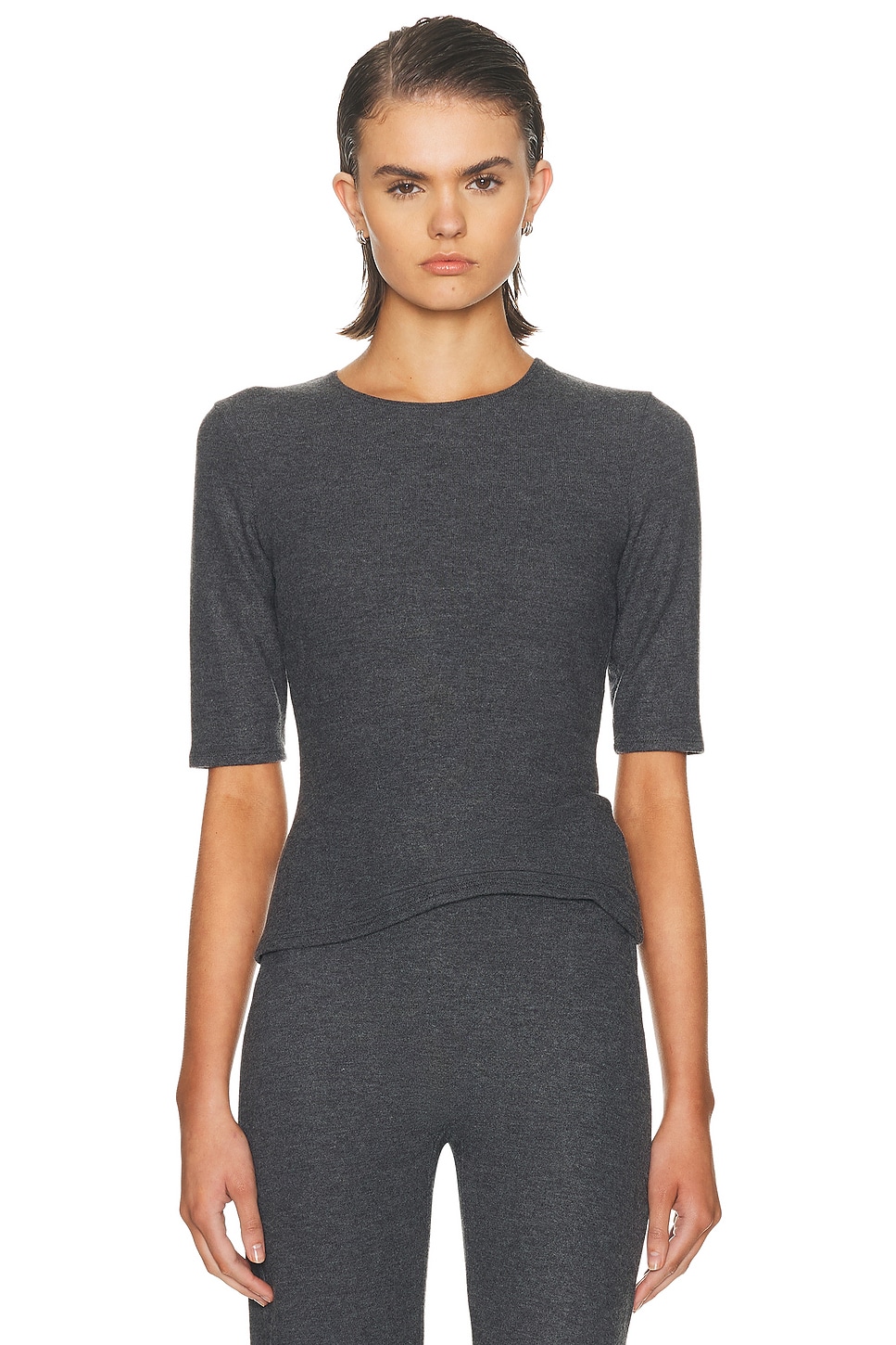 Image 1 of LESET Lauren Mid Sleeve Tee in Charcoal