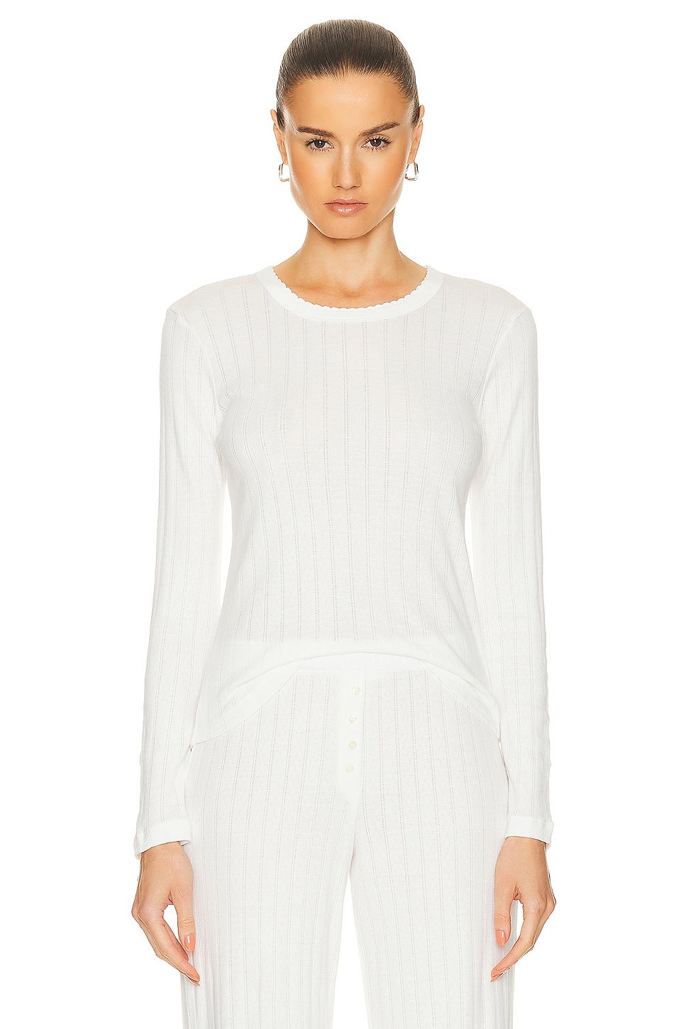 Image 1 of LESET Pointelle Slim Fit Long Sleeve Top in White