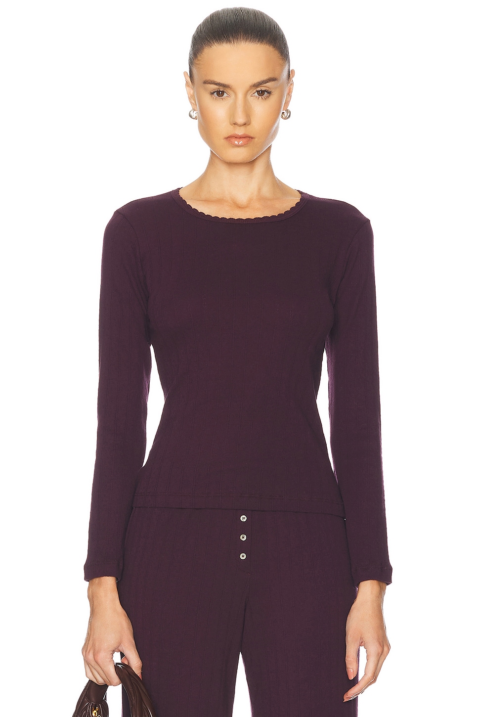 Pointelle Slim Fit Long Sleeve Top in Purple