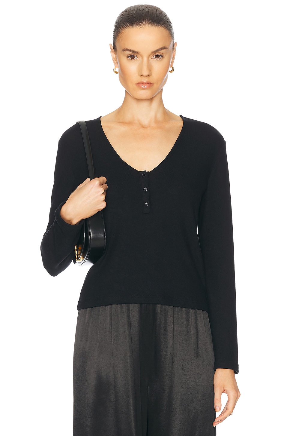 Lauren V Neck Henley Top in Black