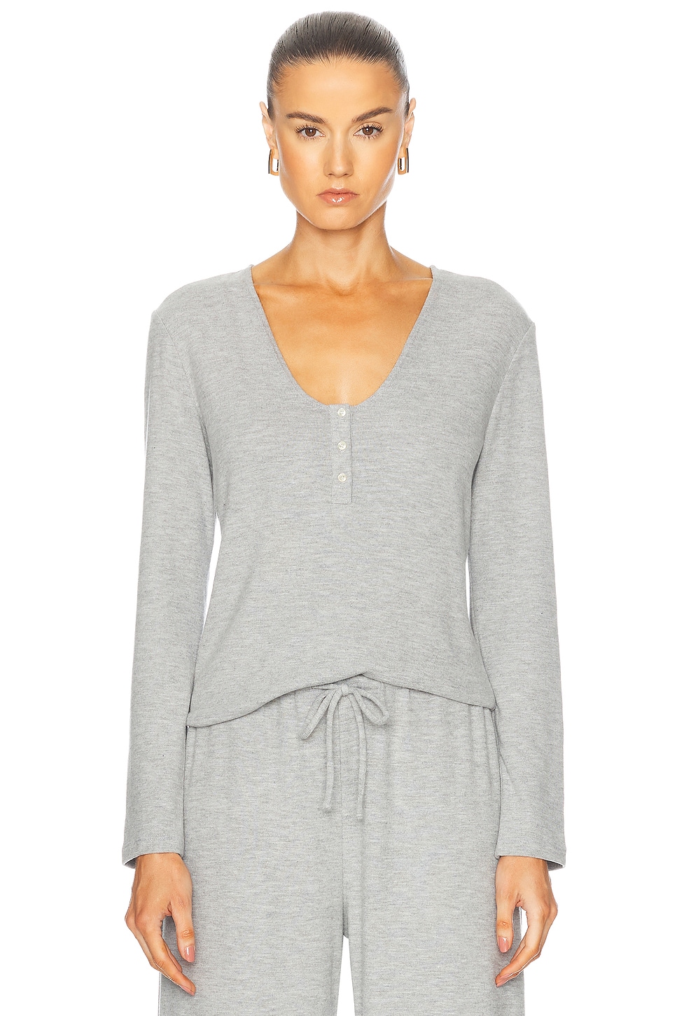 Lauren V Neck Henley Top in Grey