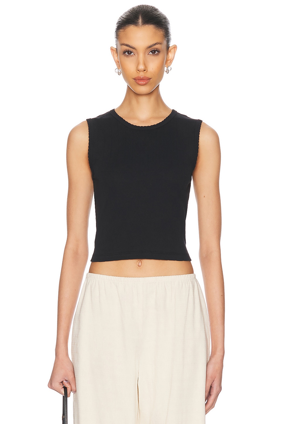 LESET Pointelle Sleeveless Crewneck Top in Black
