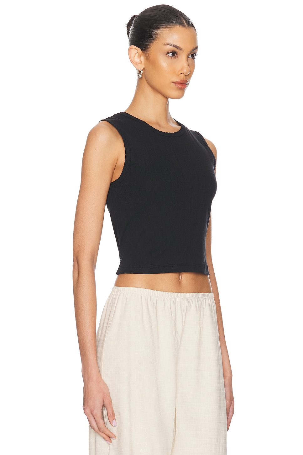 Pointelle Sleeveless Crewneck Top in Black