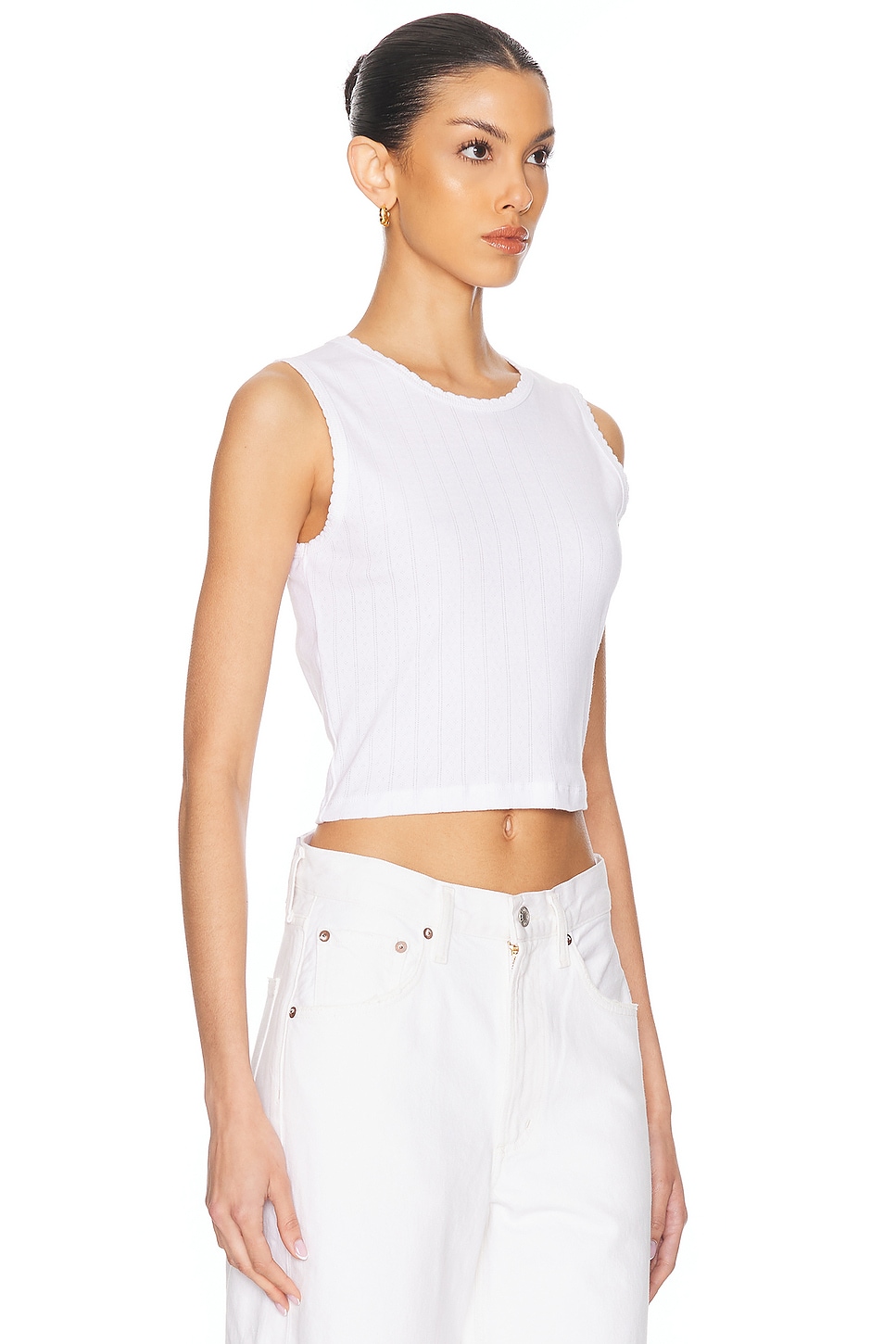Pointelle Sleeveless Crewneck Top in White