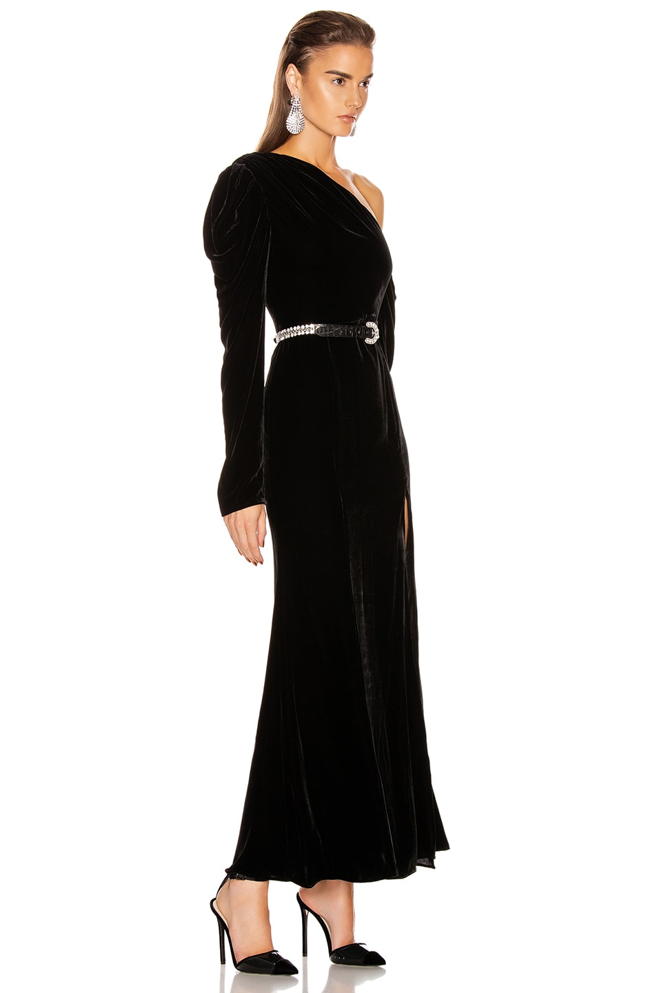 Les Reveries Off Shoulder Puff Sleeve Long Velvet Dress In Black Velvet Fwrd 2172