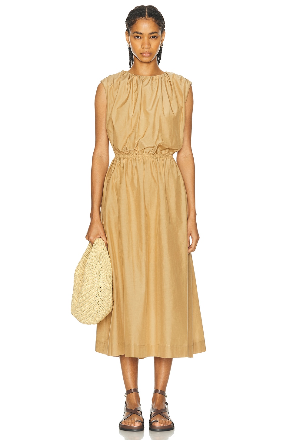 Aphrodite Long Sleeveless Dress With Gathers in Tan