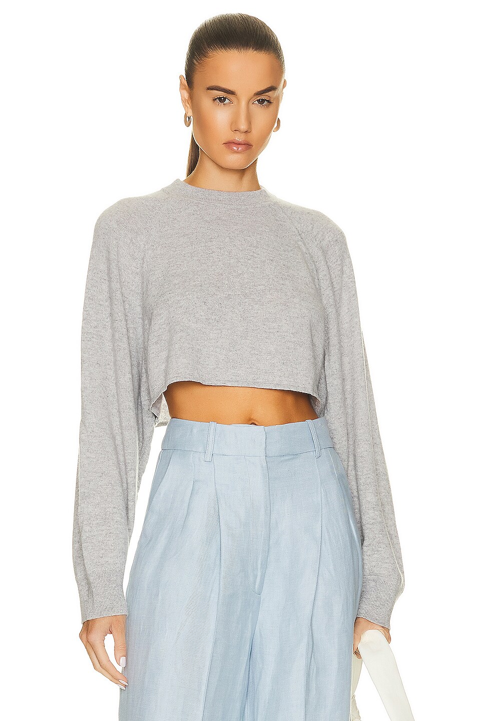 Image 1 of Loulou Studio Bocas Cashmere Cropped Sweater in Grey Melange