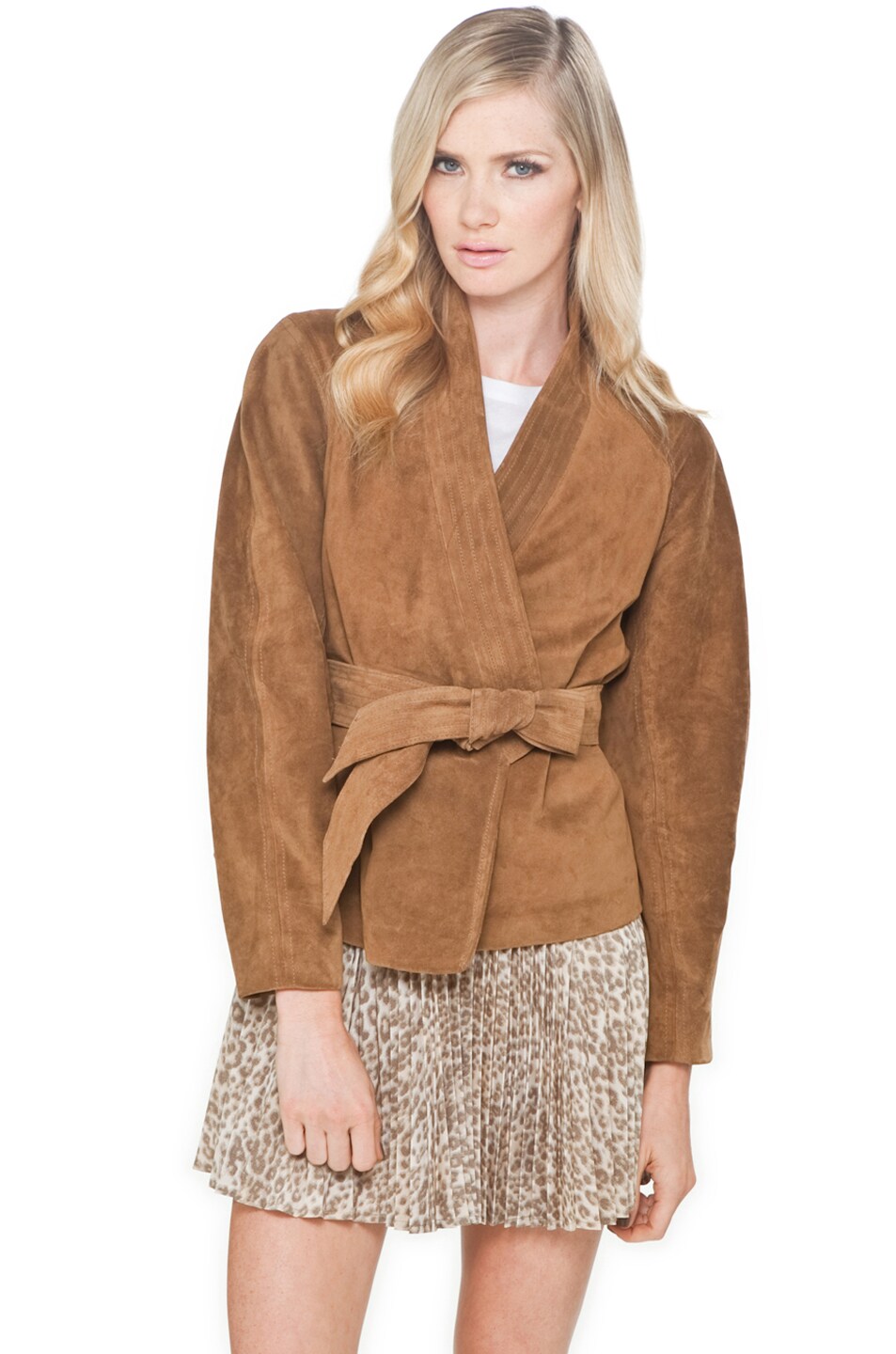Lover Wrap Suede Coat in Caramel FWRD
