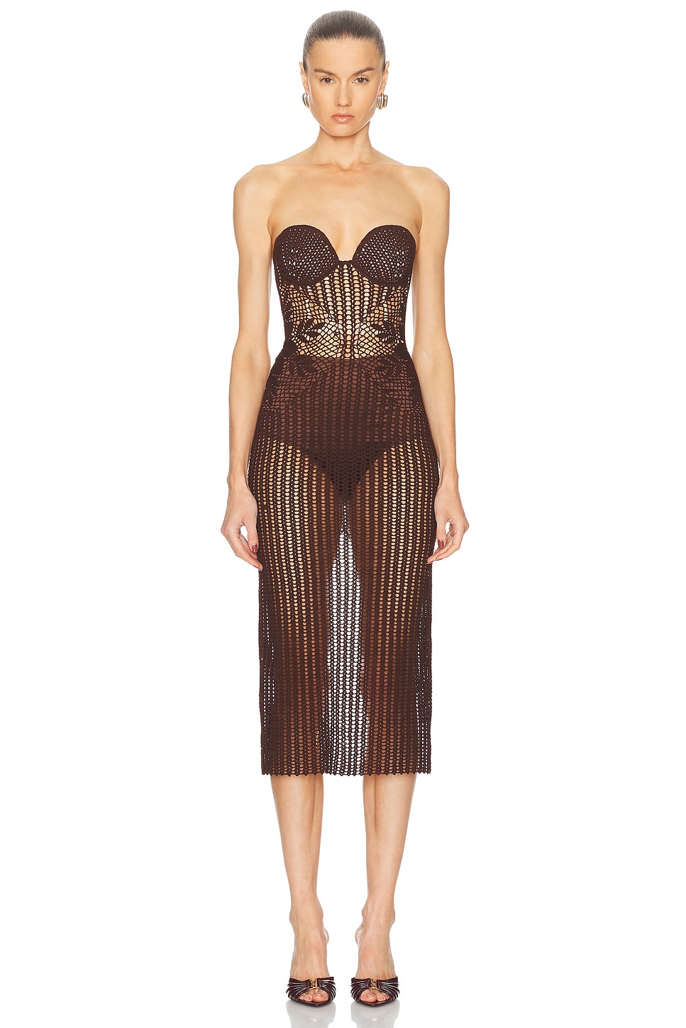 Image 1 of Magda Butrym Strapless Crochet Dress in Brown