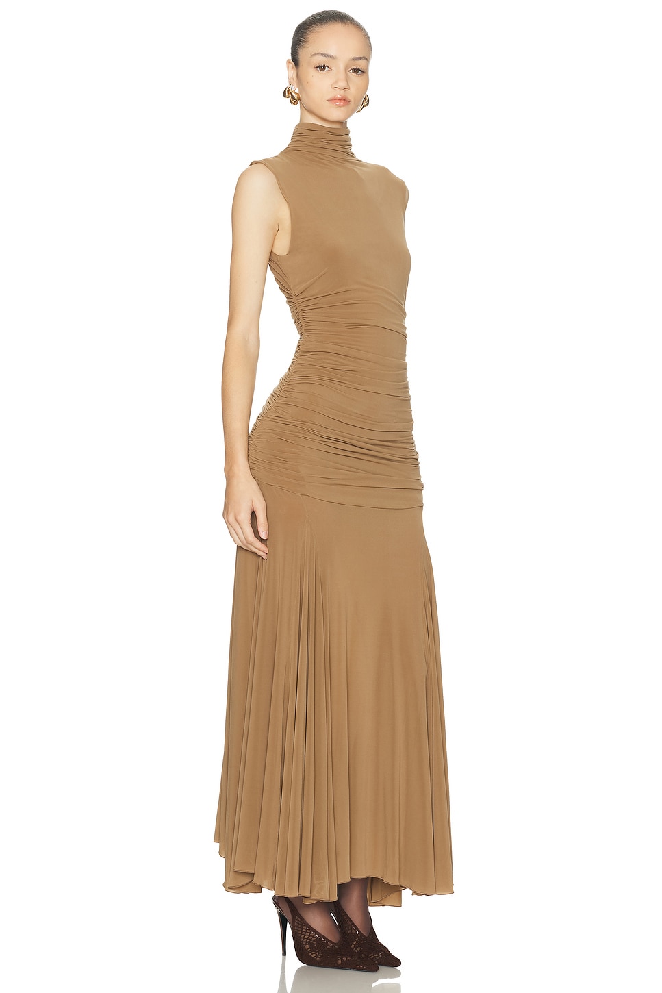 Magda Butrym Womens Beige High-neck Ruched Stretch-woven Midi Dress In Sand