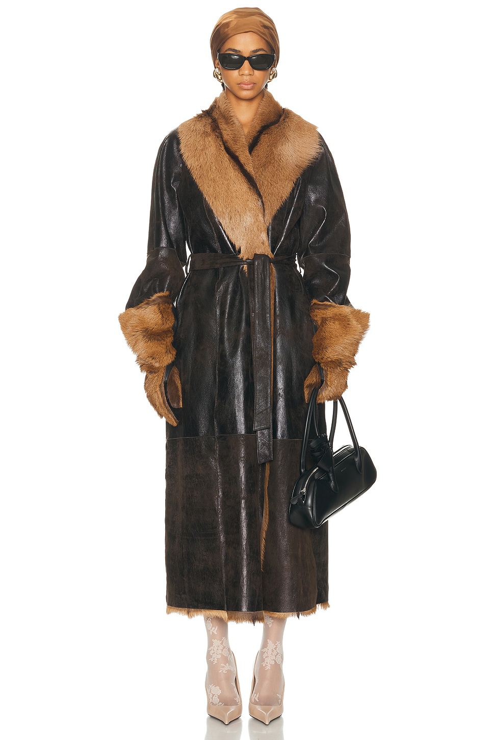 Image 1 of Magda Butrym Long Belted Leather Reversible Coat in Brown