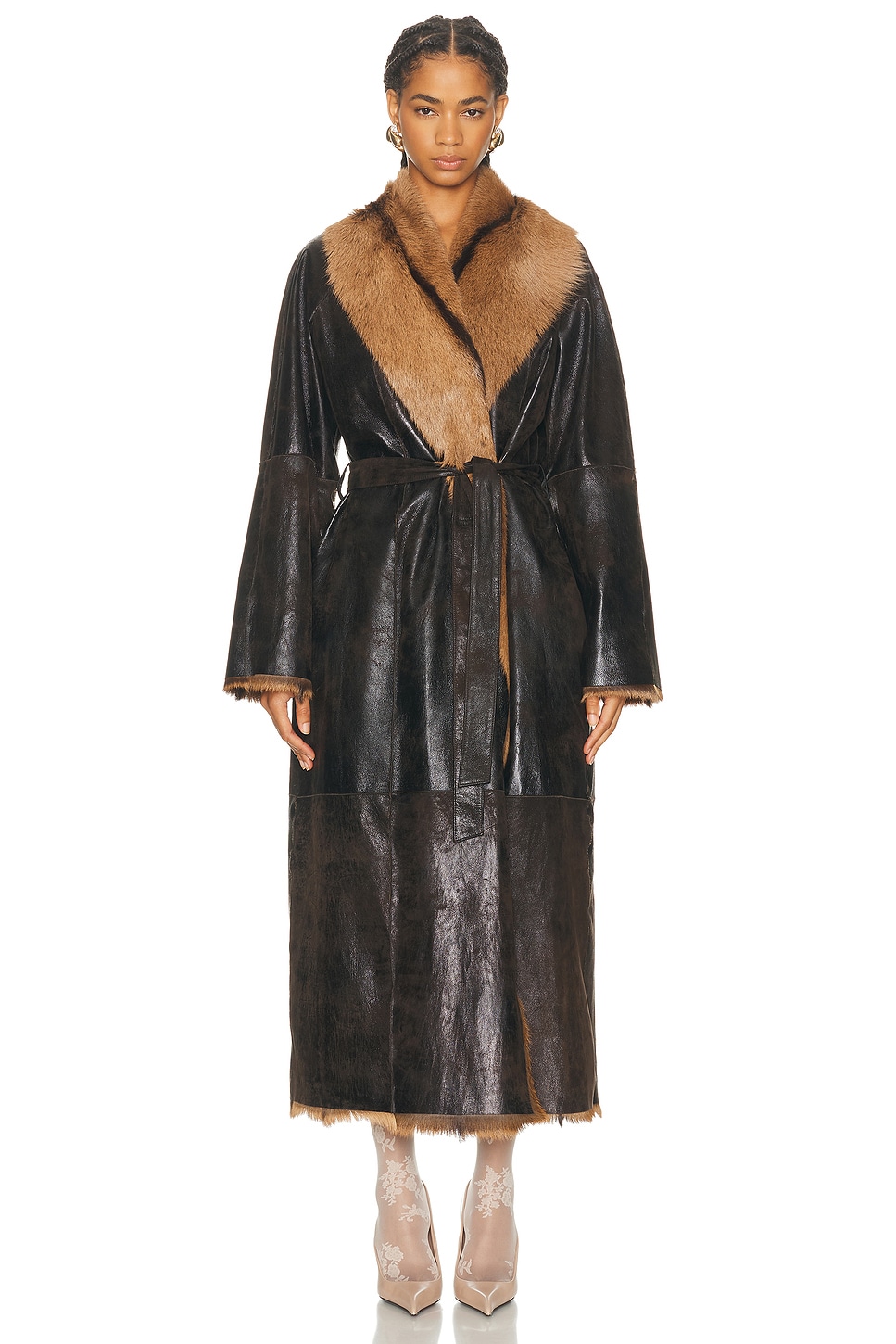 Magda Butrym Long Belted Leather Reversible Coat In Brown