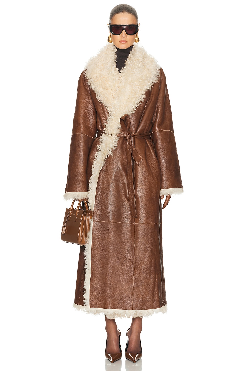 Image 1 of Magda Butrym Long Belted Shearling Reversible Coat in Brown