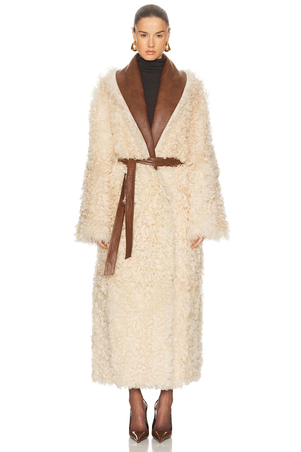 Magda Butrym Long Belted Shearling Reversible Coat In Brown
