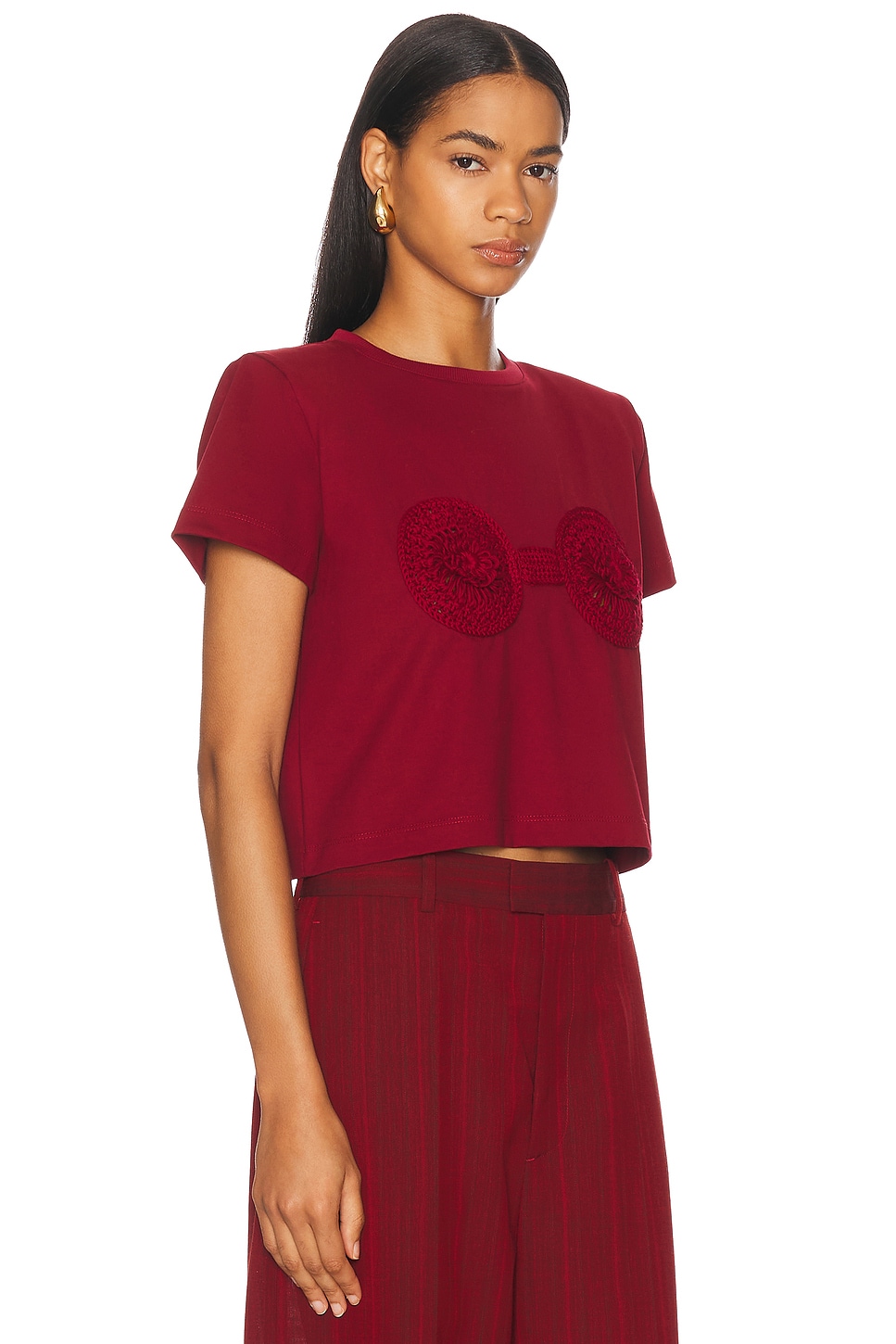 Magda Butrym Crochet Detail Crew Neck Cropped T-shirt In Bordeaux