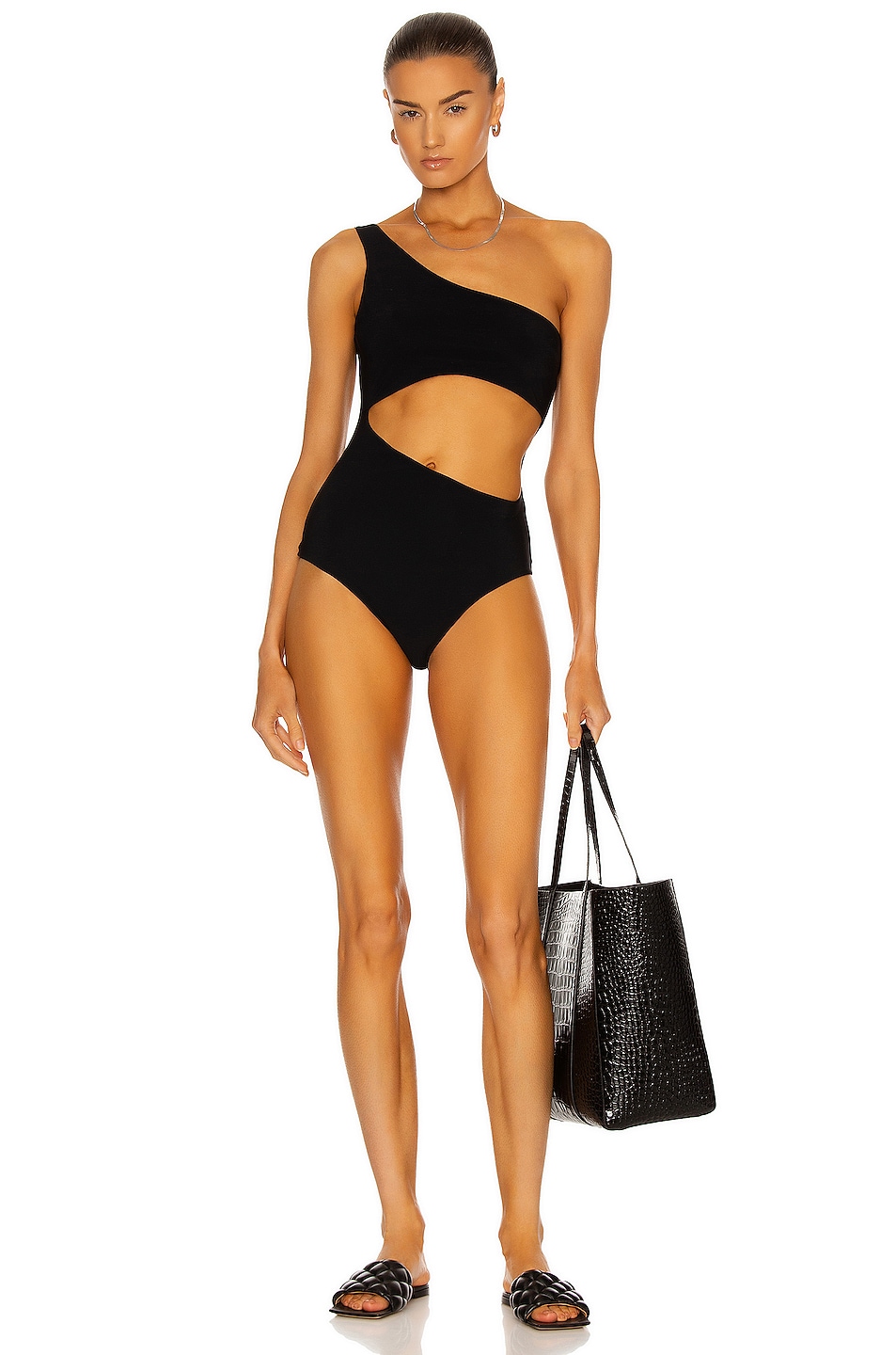 Image 1 of Magda Butrym One Shoulder Cutout Swimsuit in Black