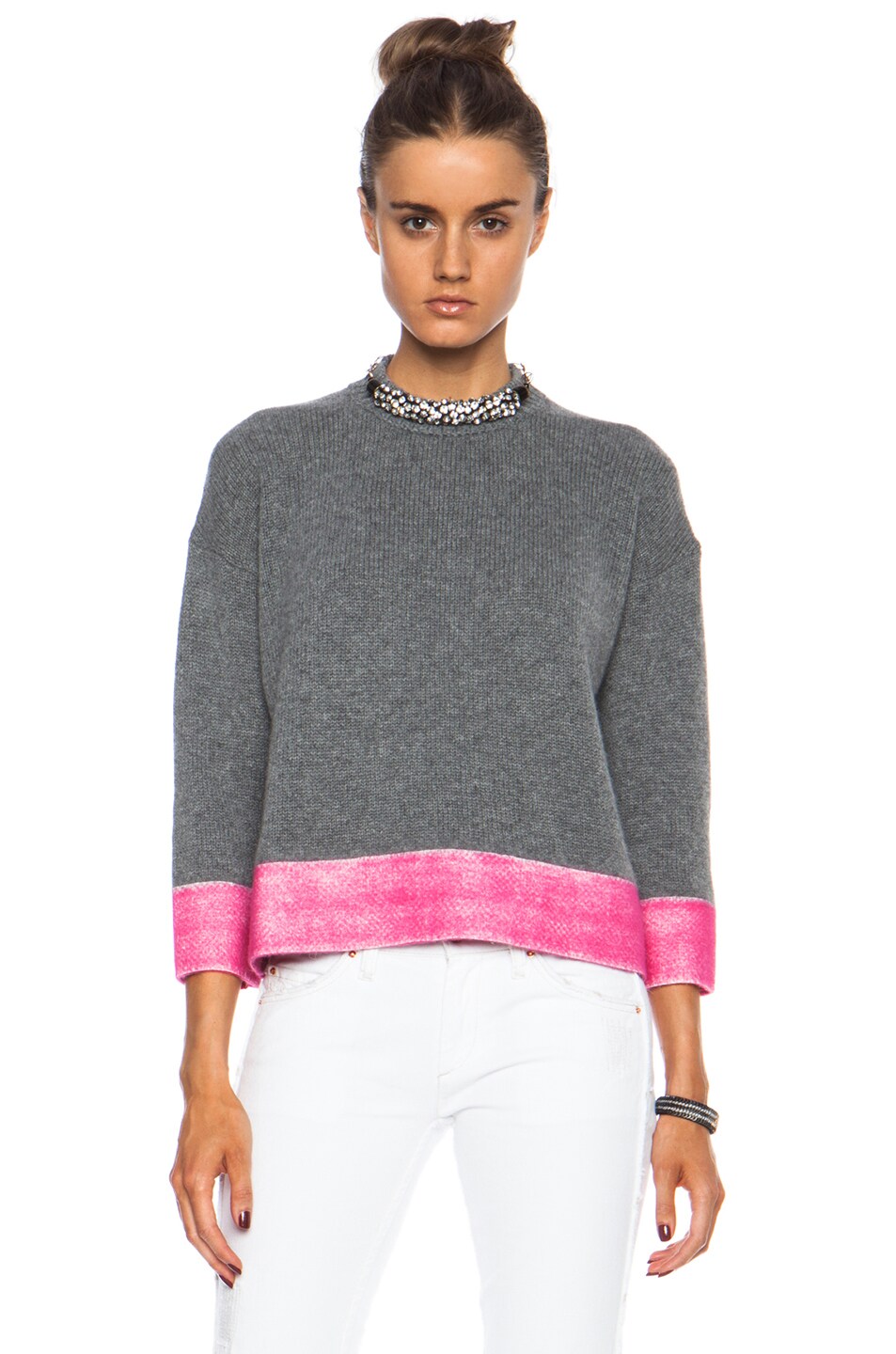 Image 1 of Marni Crew Neck Cashmere-Blend Sweater in Grey & Pink