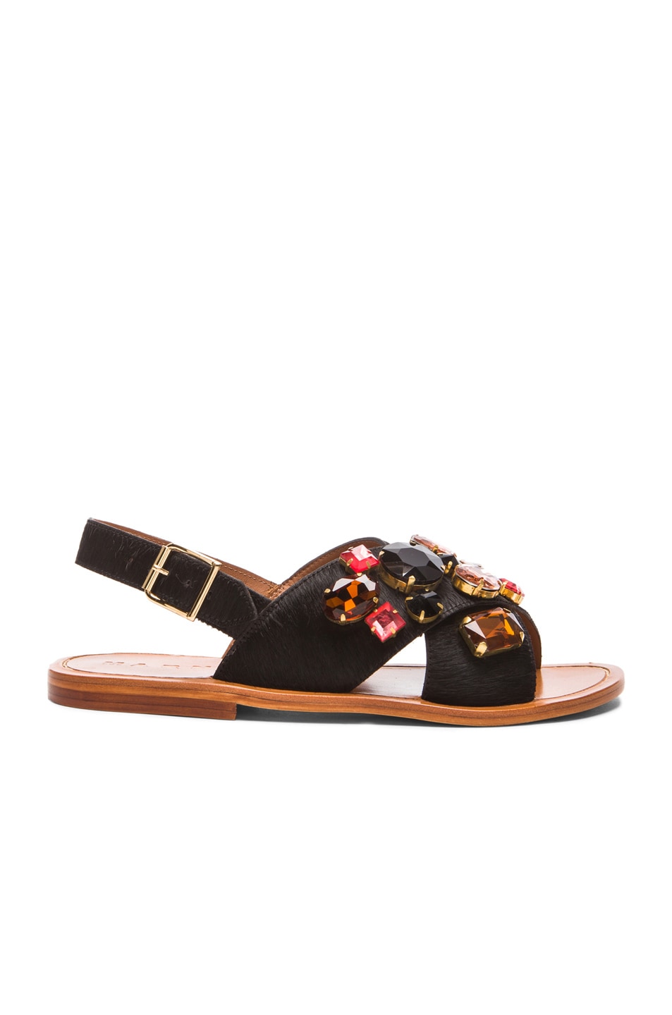 Image 1 of Marni Embellished Criss Cross Calf Hair Sandals in Coal
