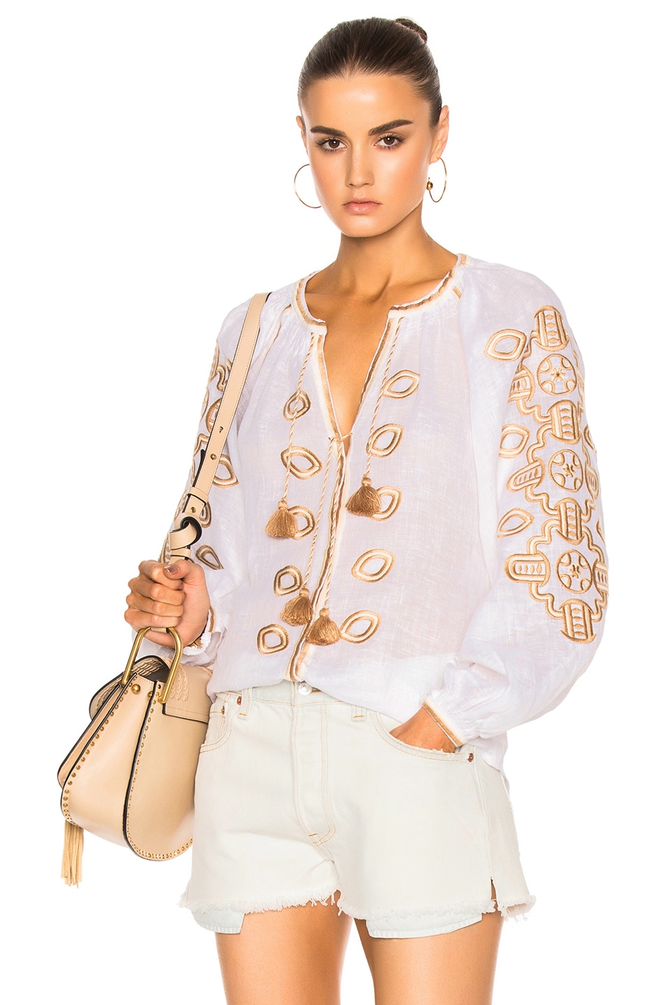 Image 1 of March 11 African Embroidered Top in Tan & White