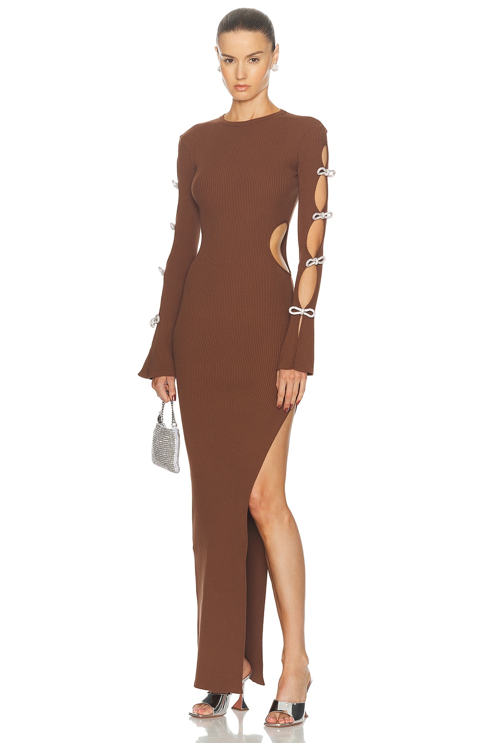 Image 1 of MACH & MACH Knit Cutout Maxi Dress with Crystal Bows in Brown