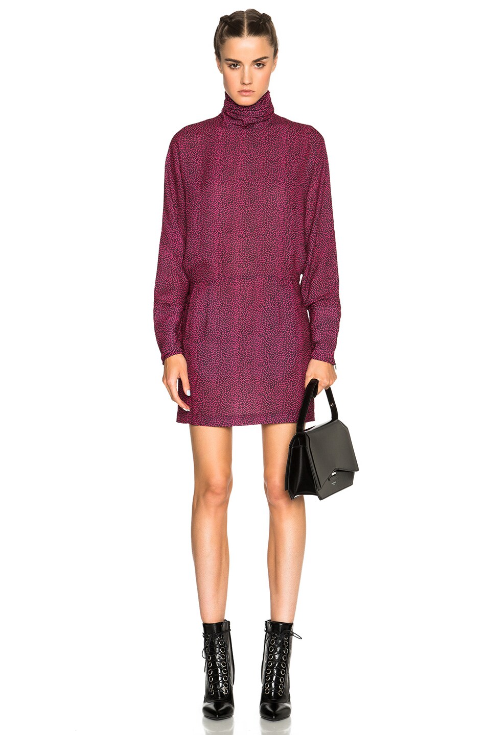 Image 1 of McQ Alexander McQueen Waisted Turtleneck Dress in Pink Micro Dot