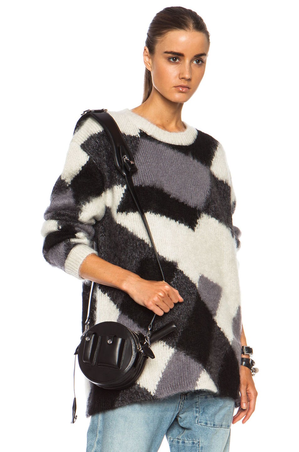 Image 1 of McQ Alexander McQueen Crew Neck Oversized Mohair-Blend Sweater in Off White & Black