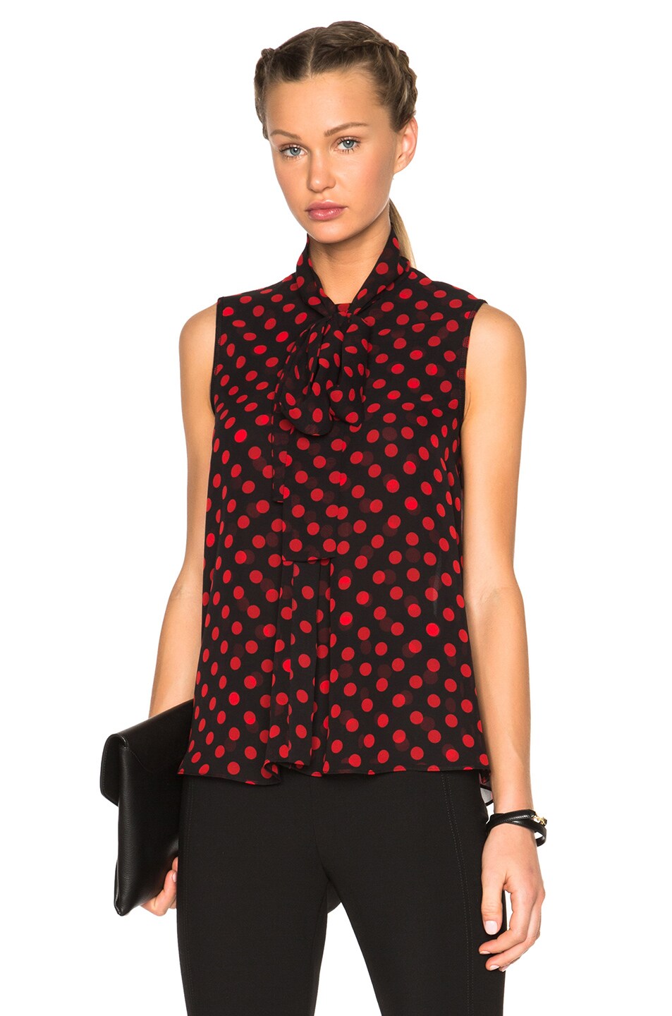 Image 1 of McQ Alexander McQueen Overlocked Pussy Blouse in Black & Red
