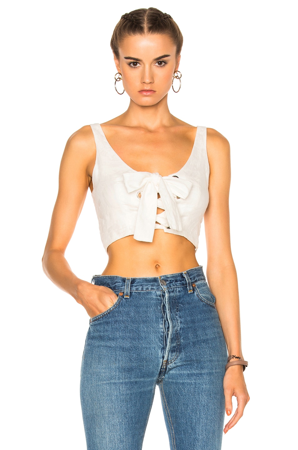 Image 1 of Mara Hoffman Lace Up Bustier Top in Leaf Jacquard White