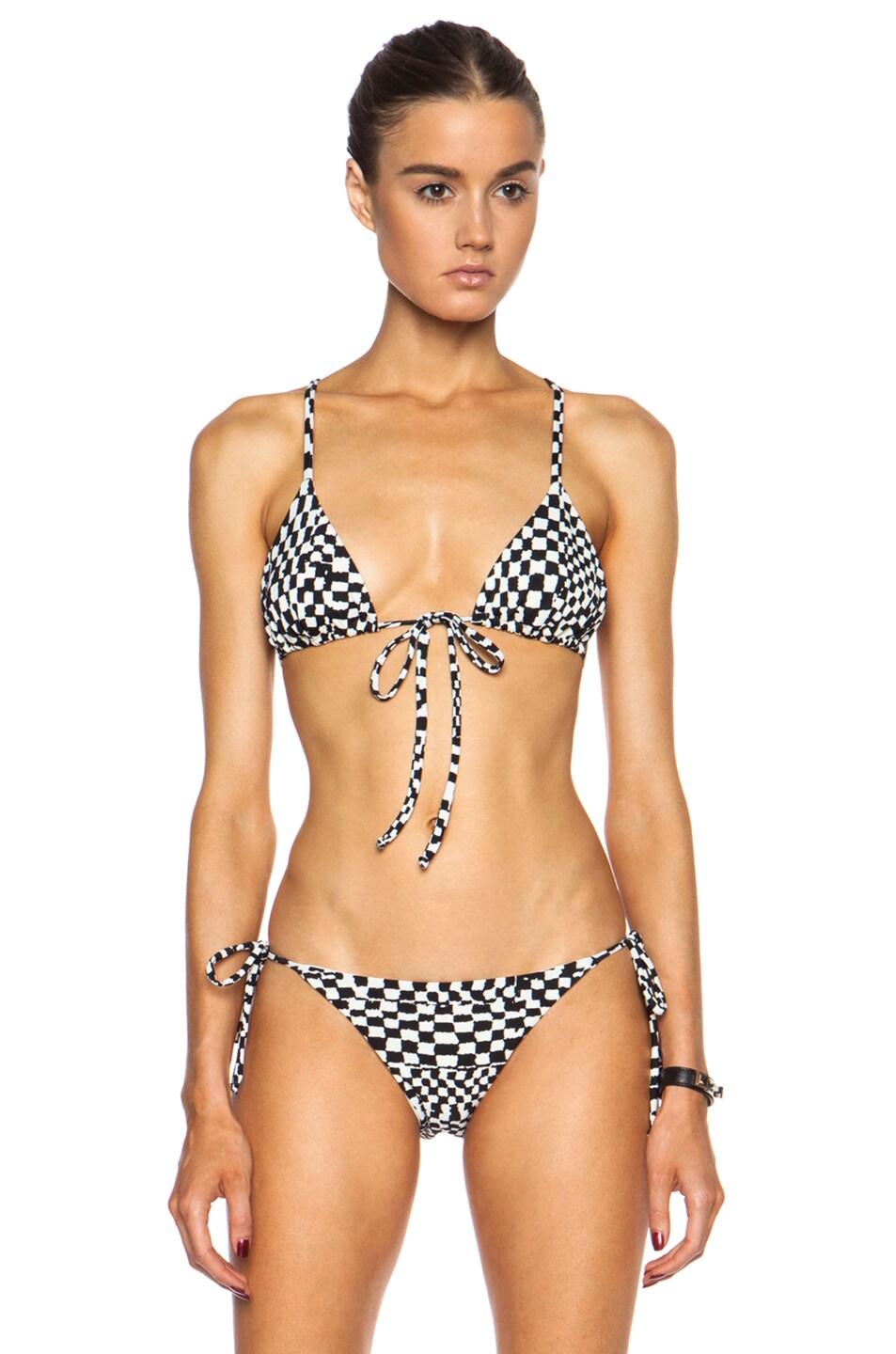 Image 1 of Mara Hoffman Beaded Triangle Nylon-Blend Bikini Top in Checkers