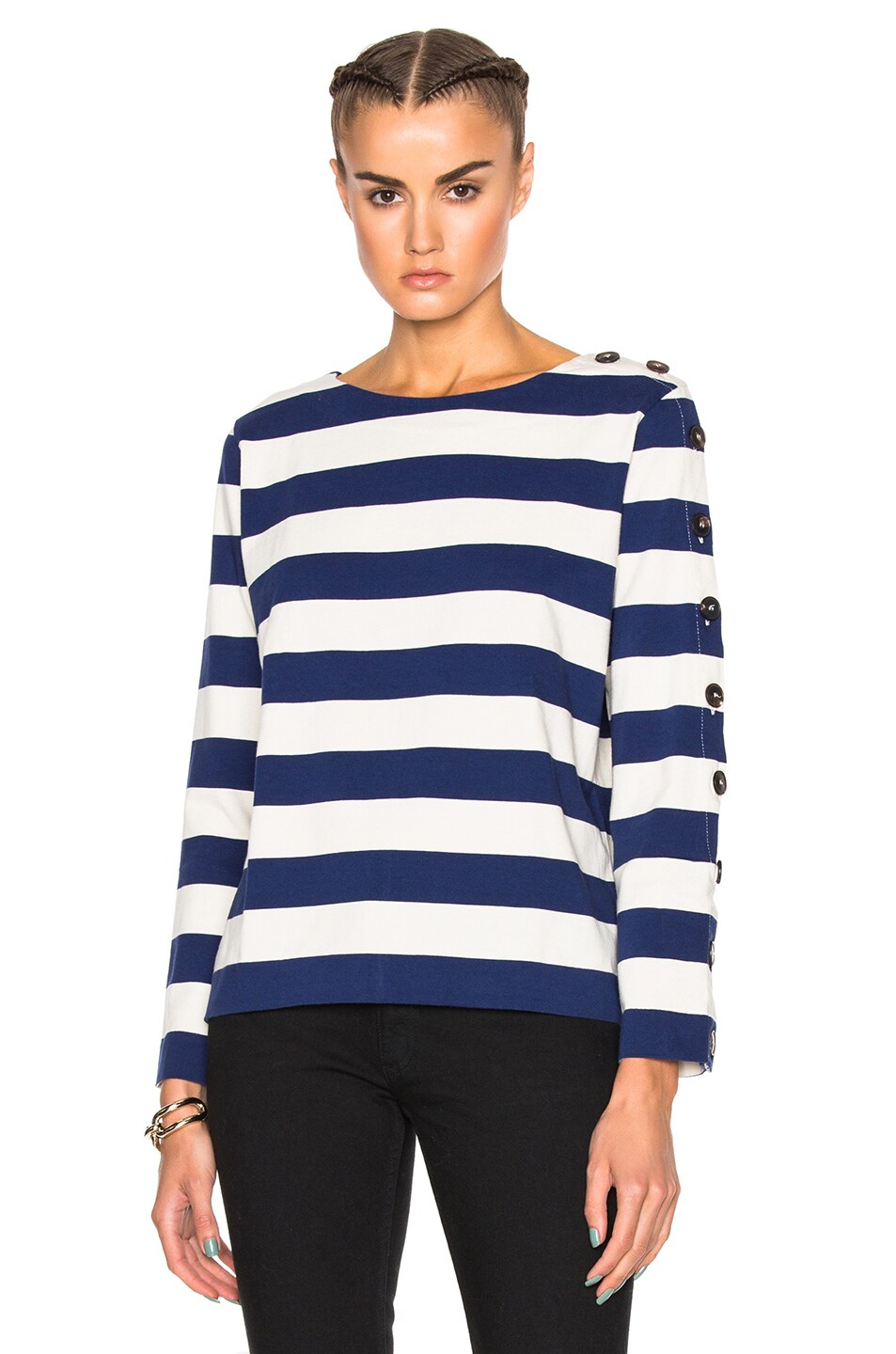 Image 1 of M.i.h Jeans Button Sleeve Breton Top in Cobalt & Cream