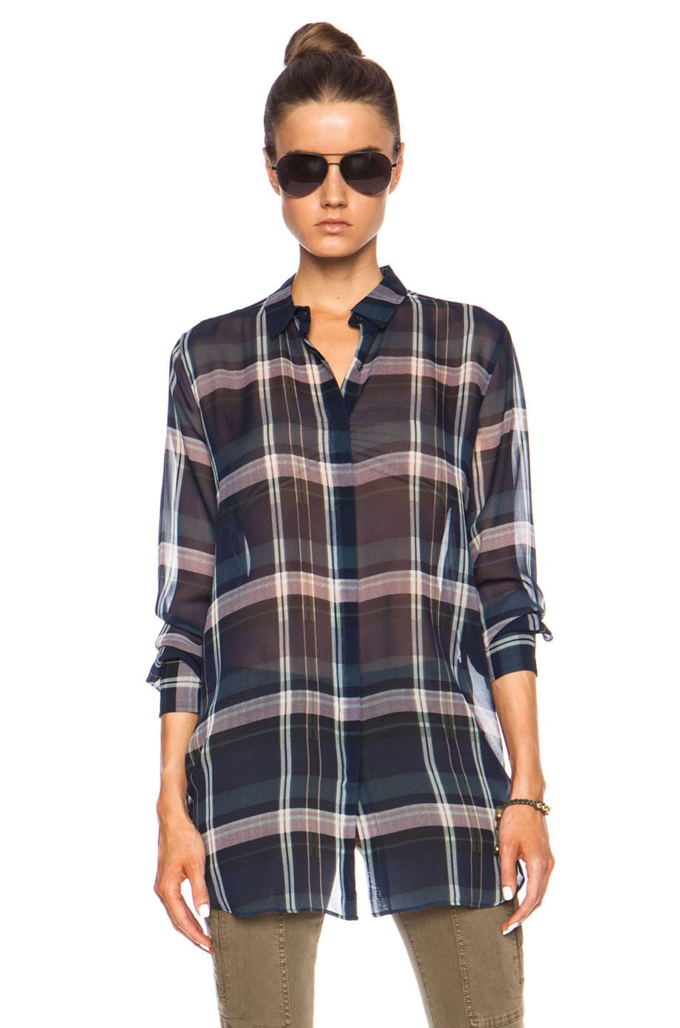 Image 1 of M.i.h Jeans Oversized Silk Top in Sheer Check Blue