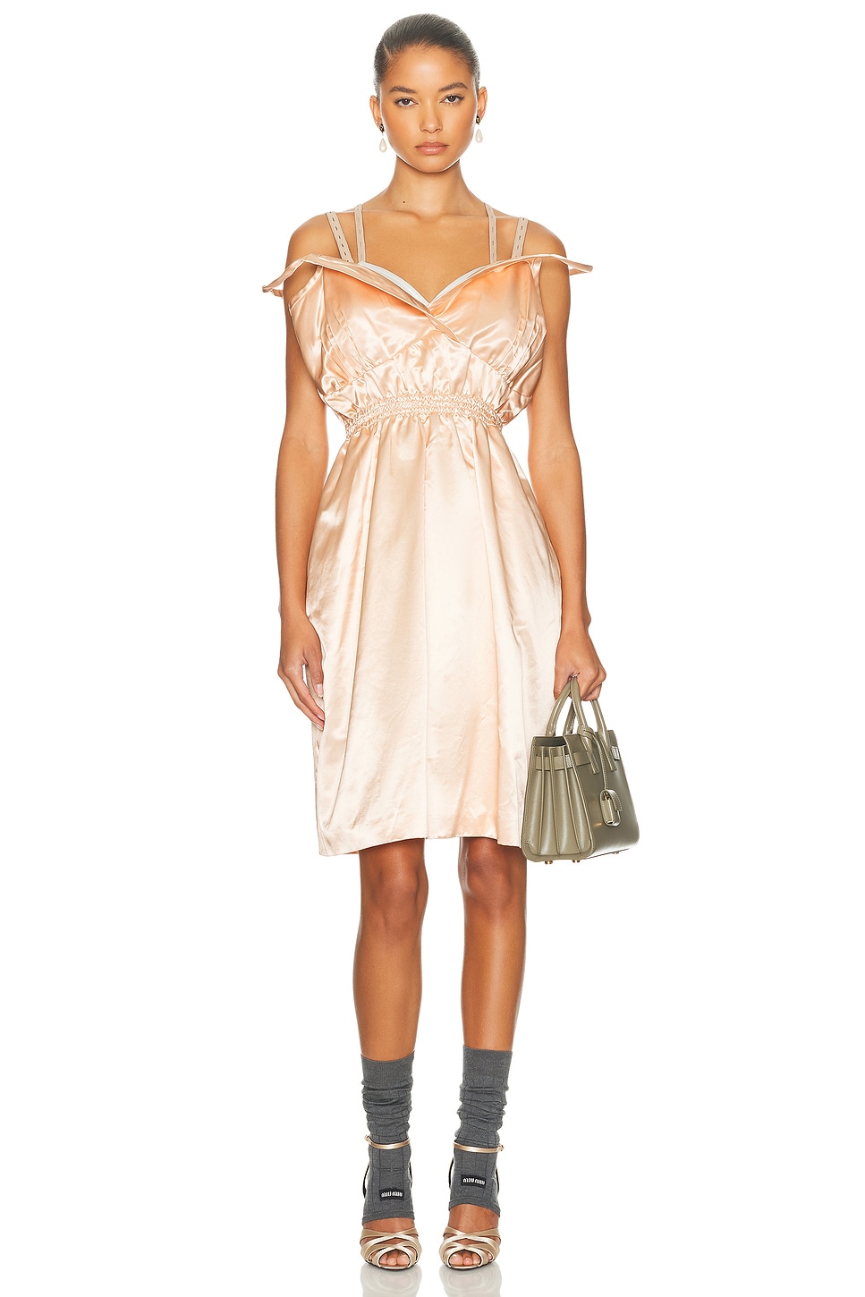Image 1 of Miu Miu Off The Shoulder Mini Dress in Pesco