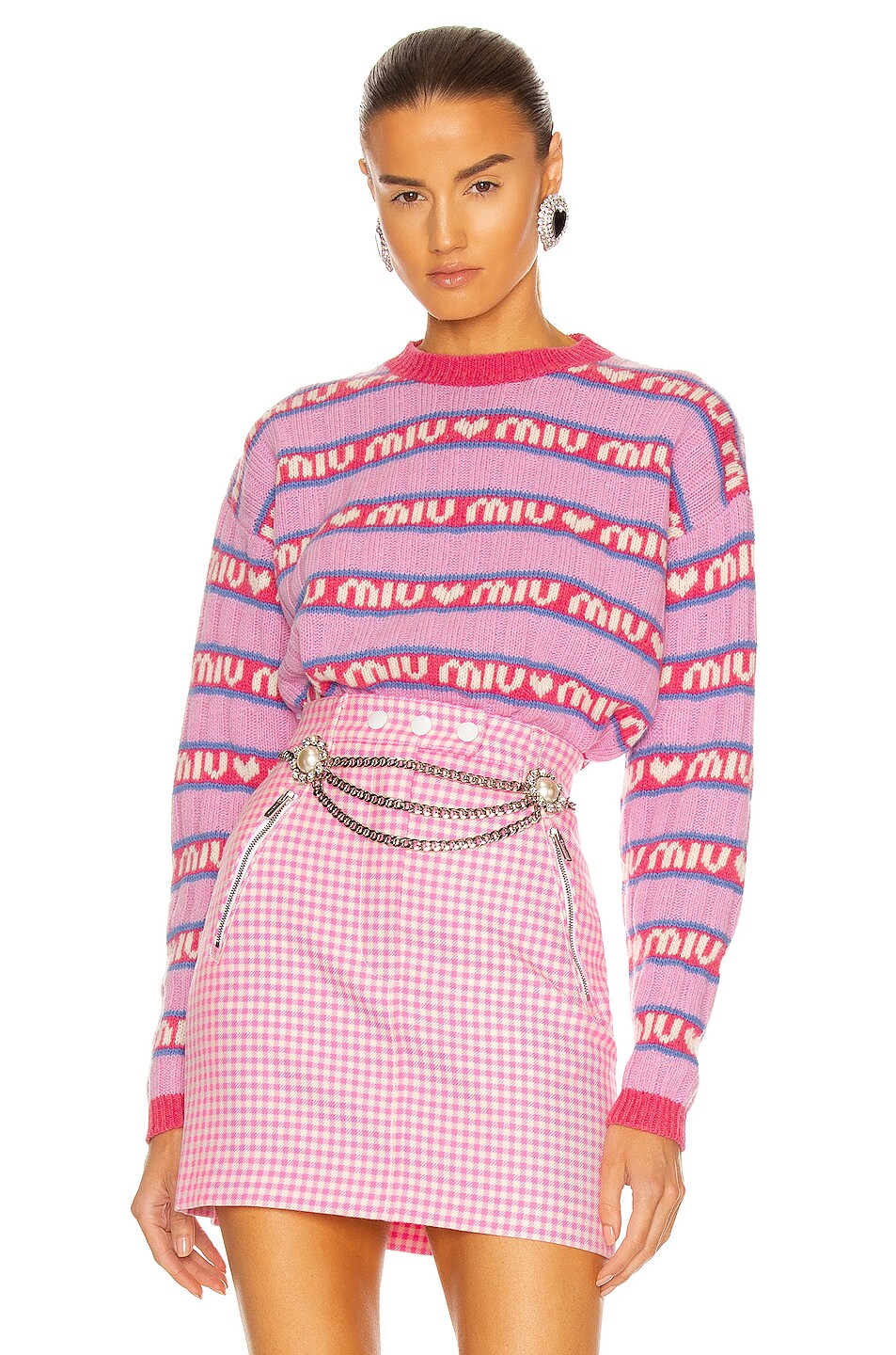 Image 1 of Miu Miu Logo Stripe Sweater in Rosa