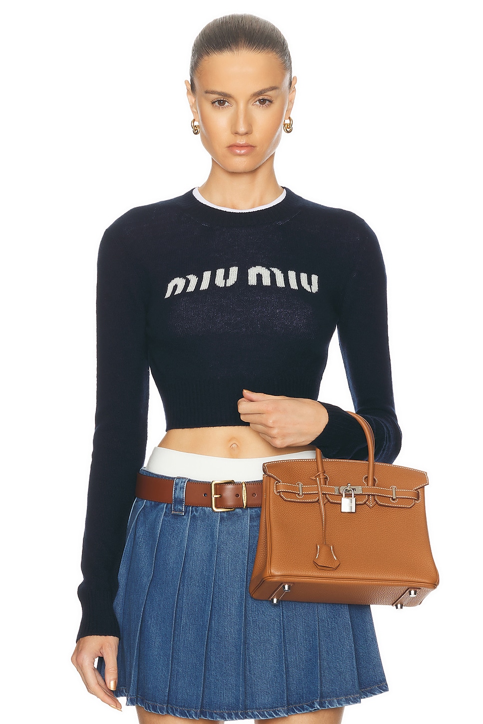 Image 1 of Miu Miu Cropped Crewneck Sweater in Bleu