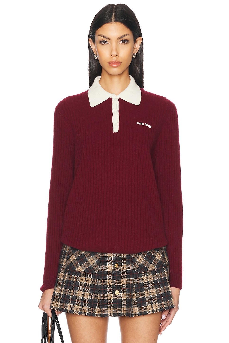 Image 1 of Miu Miu Long Sleeve Polo Sweater in Amaranto & Natural