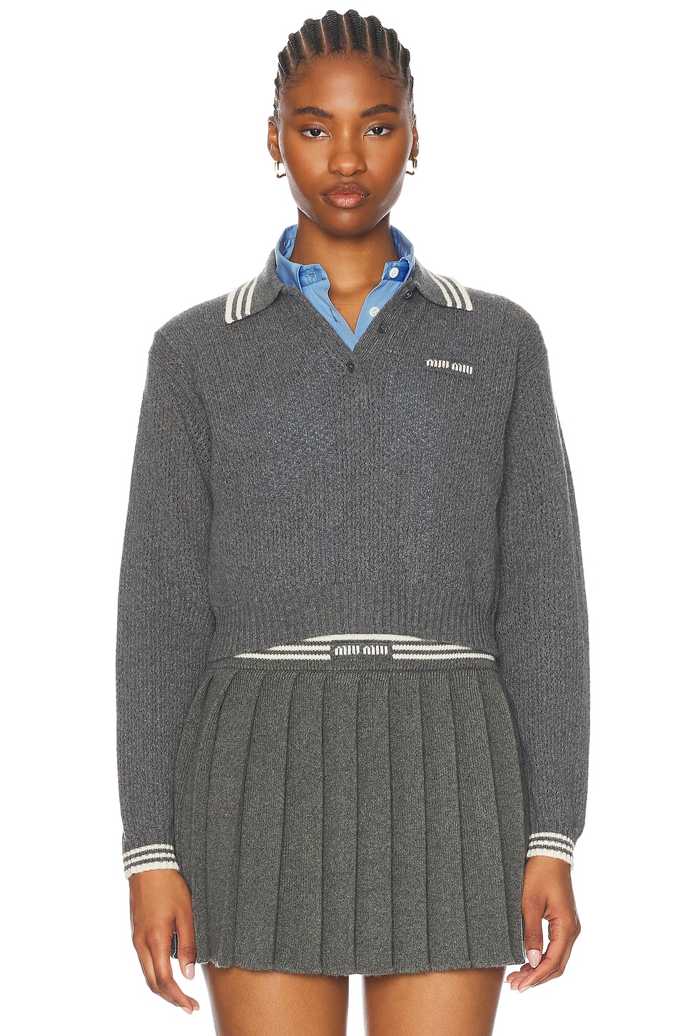 Image 1 of Miu Miu Long Sleeve Polo Sweater in Ardesia