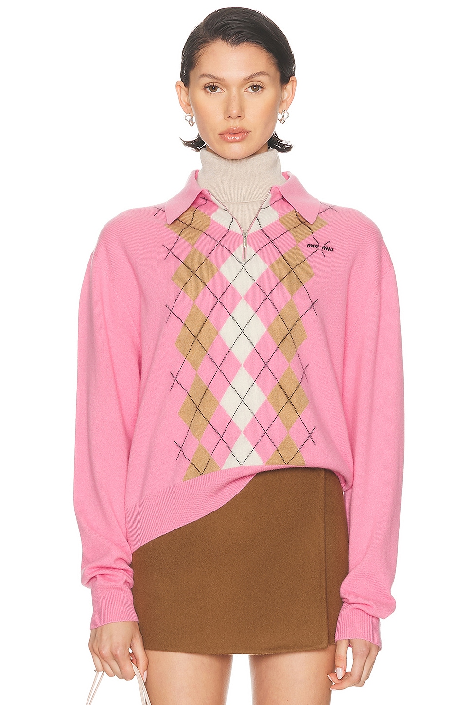 Miu Miu Cashmere Argyle Long-sleeve Polo Sweater In Pink