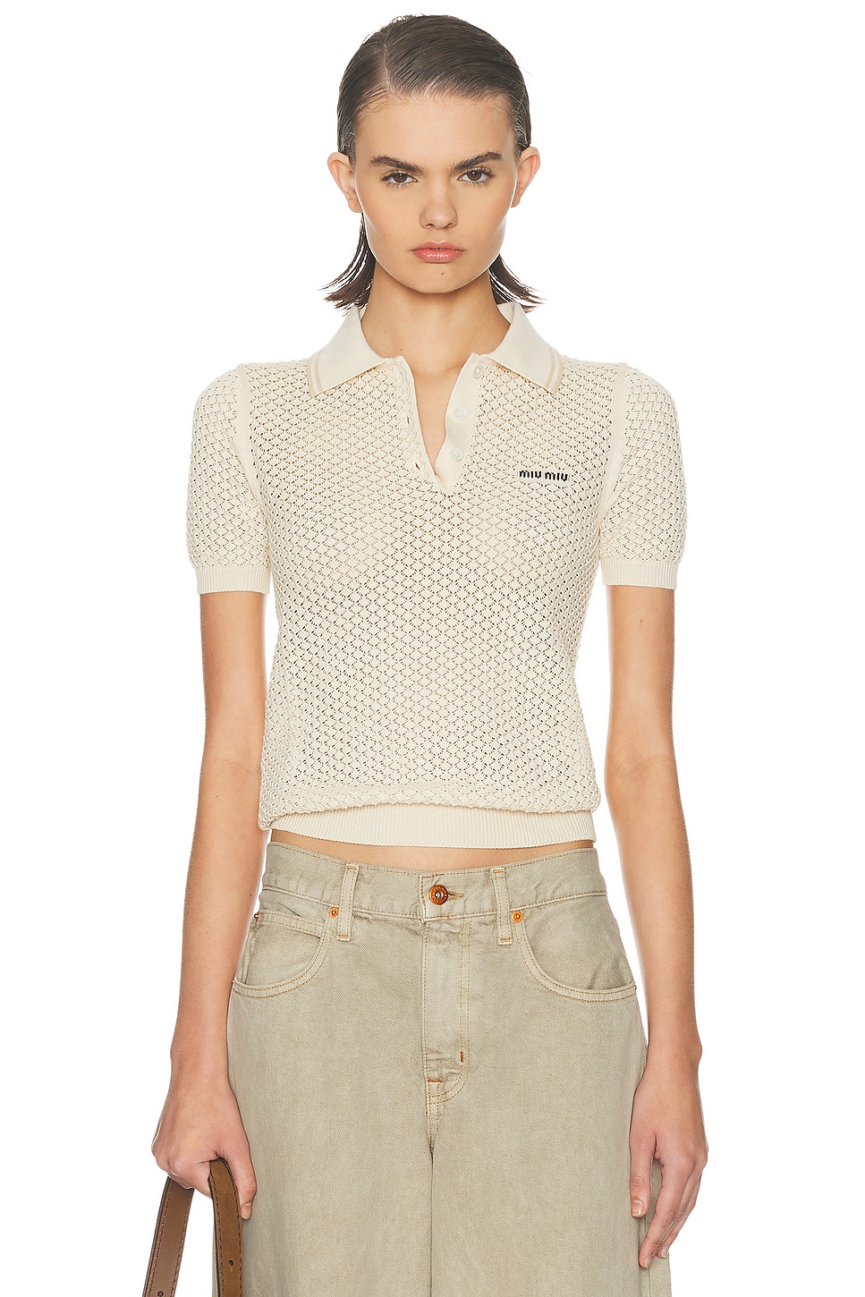 Image 1 of Miu Miu Short Sleeve Sweater in Naturale