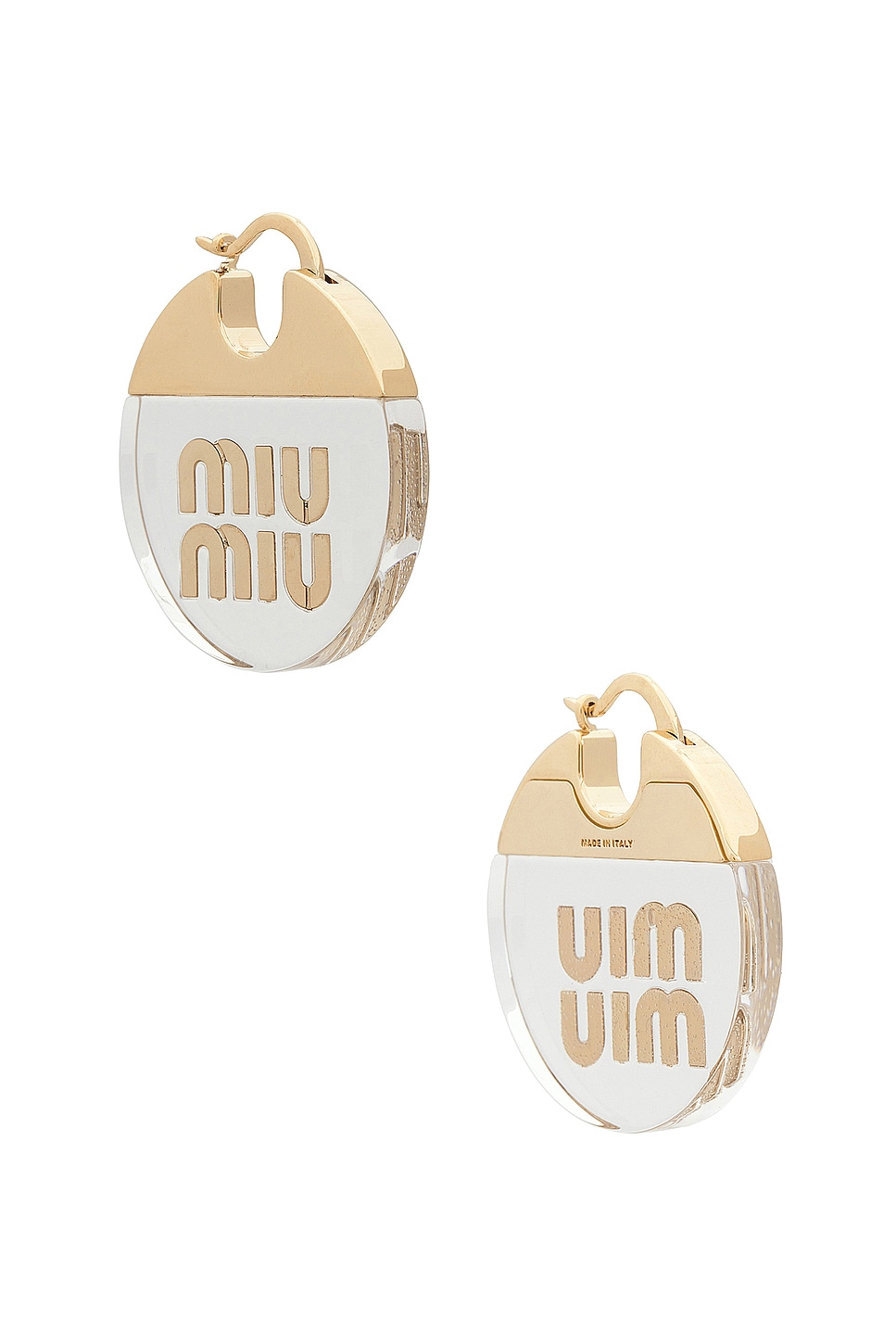 Image 1 of Miu Miu Logo Earrings in Oro & Trasparente