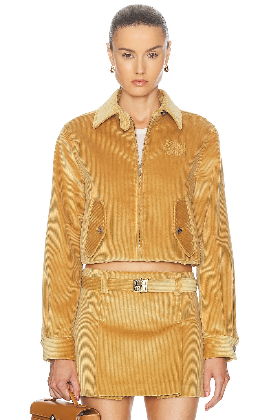 Image 1 of Miu Miu Ribbed Bomber Jacket in Miele