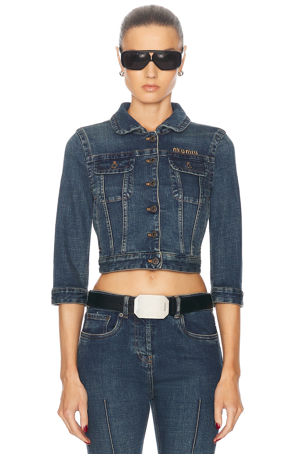 Image 1 of Miu Miu Cropped Denim Jacket in Blue