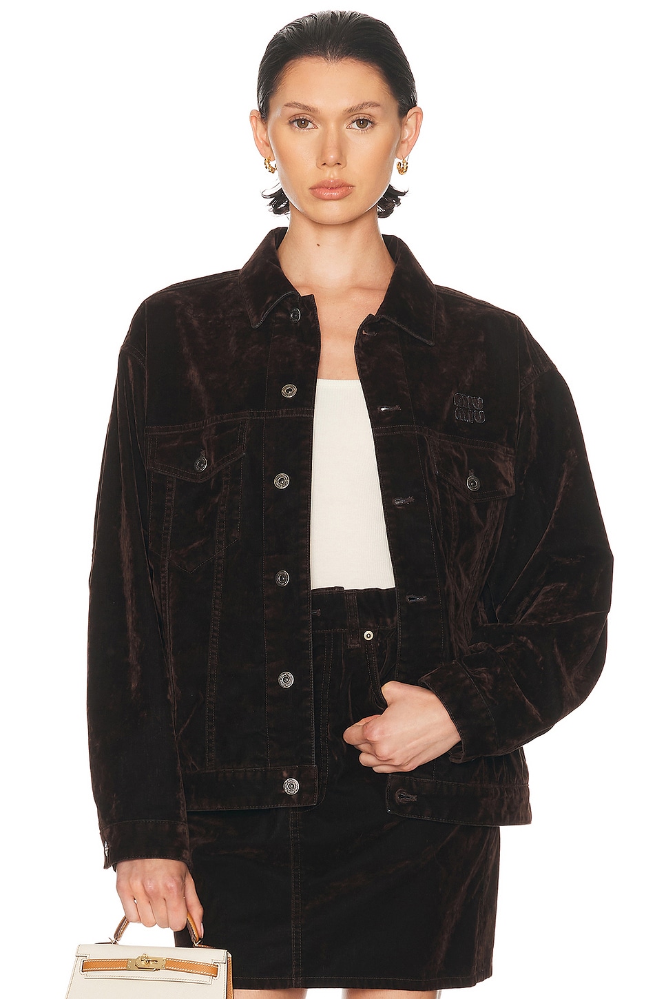 Image 1 of Miu Miu Velvet Button Up Jacket in Marrone
